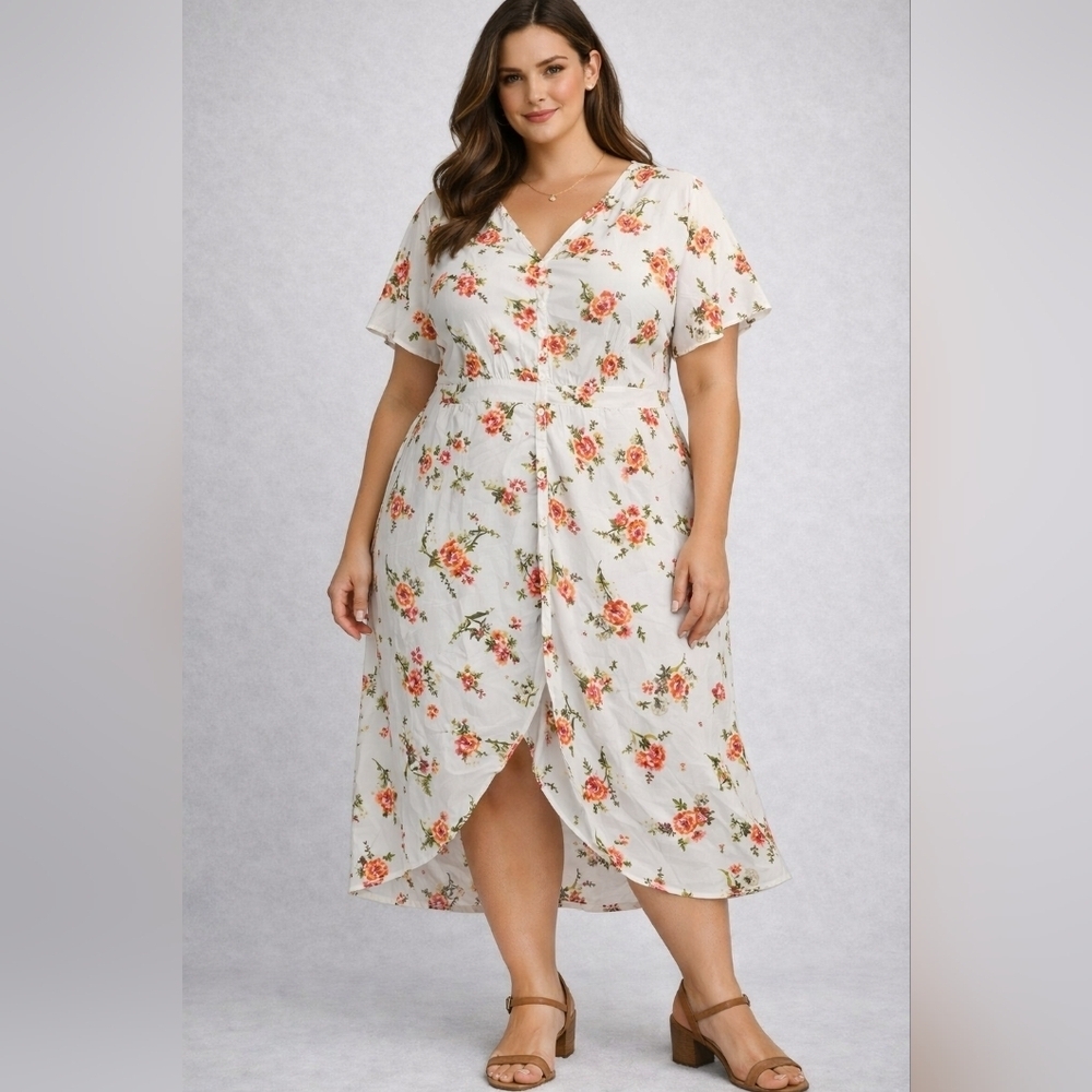 New Glory Plus Size Floral Tunic Top 2X White Button Front Boho